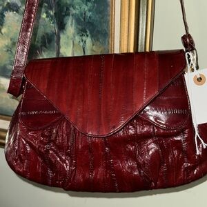 Vintage 1970’s Eel Eel-skin Leather Shoulder Bag Red Maroon Burgundy Flap